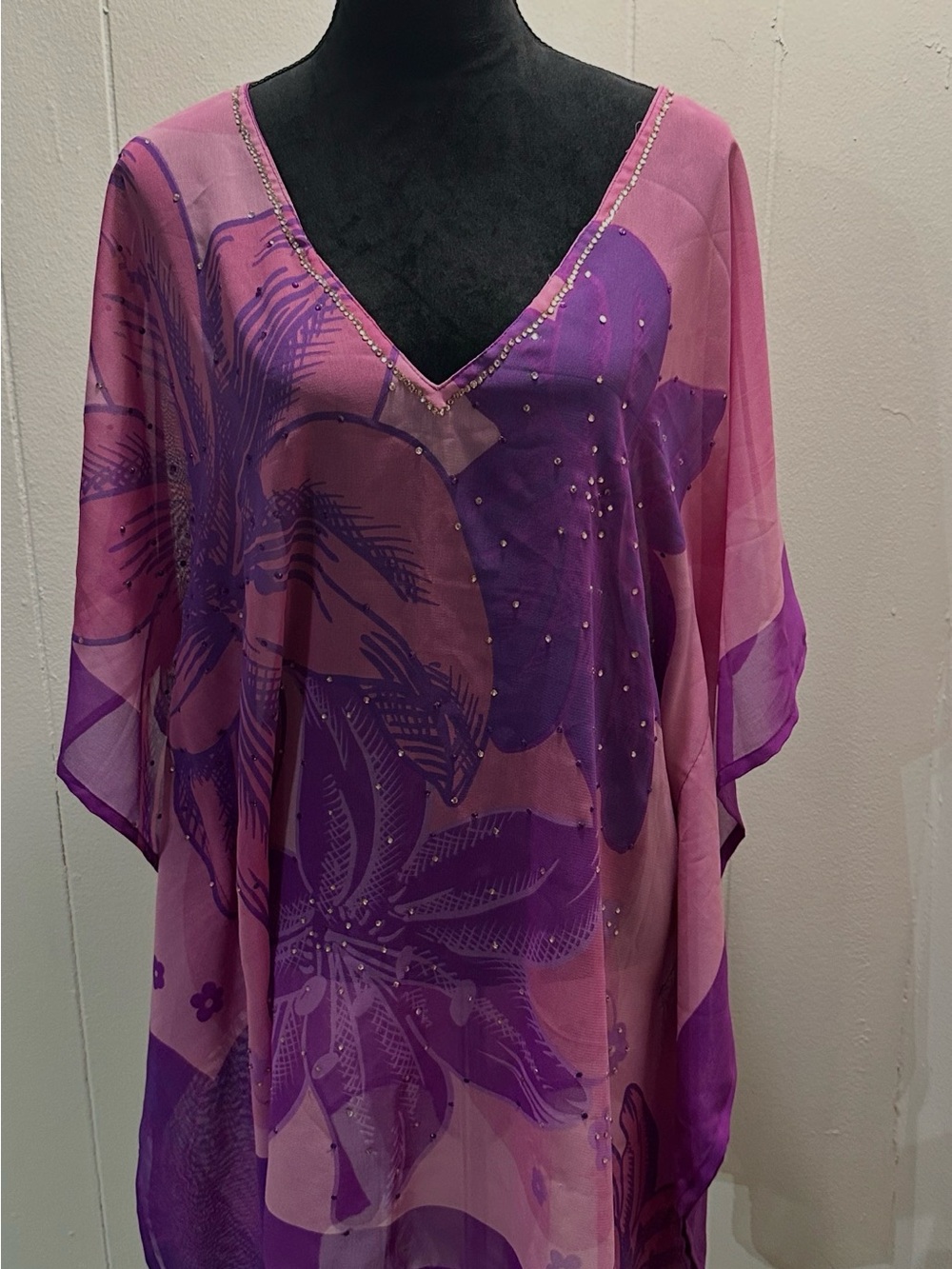 Sheer Pink & Purple Floral V-Neck Tunic Top